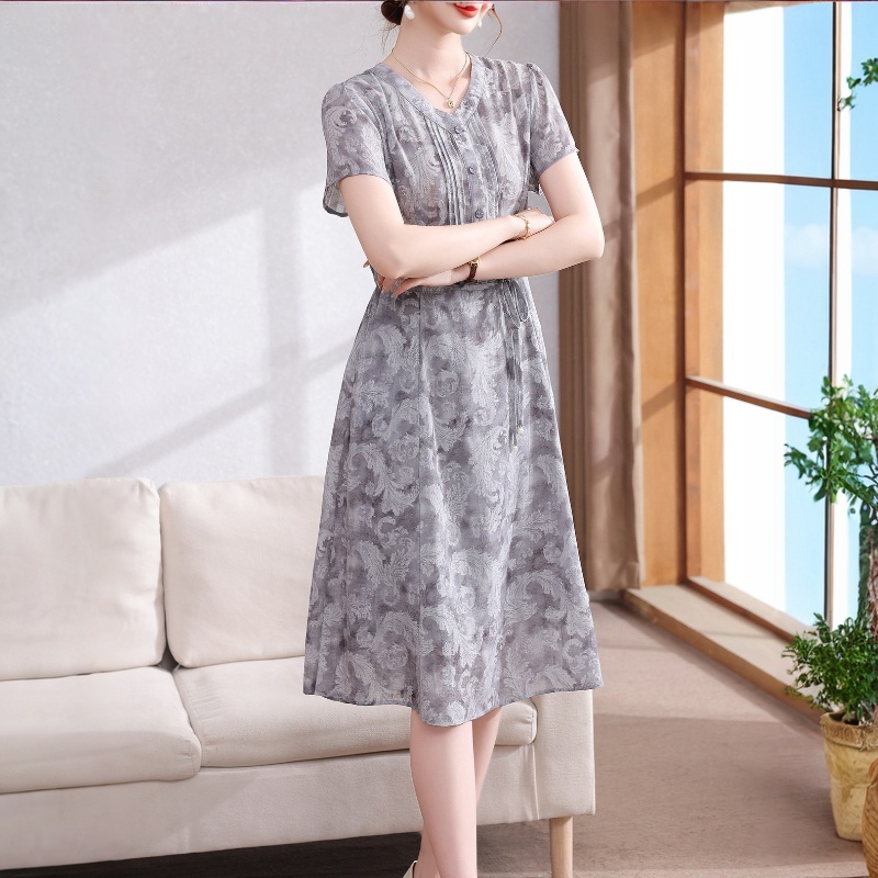 2026夏季連衣裙優雅印花女中老年收腰氣質薄款雪紡中長款裙子