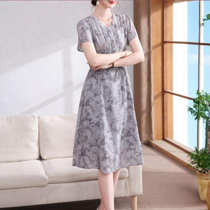 2026夏季連衣裙優雅印花女中老年收腰氣質薄款雪紡中長款裙子