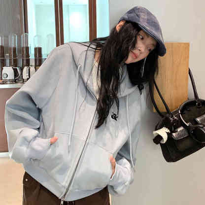 復古麂皮衛衣女新款休閒韓版短款繡花拉鍊開衫外套通勤