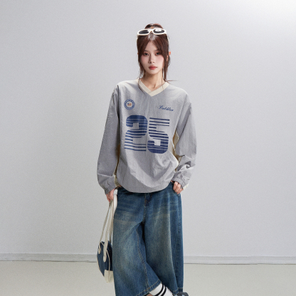 美式復古灰色v領正肩套頭長袖衛衣女秋季寬鬆運動設計感小眾上衣