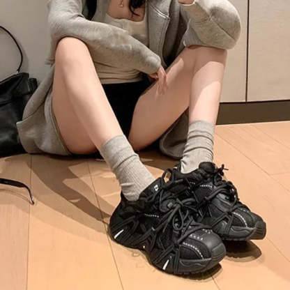 春秋復古鴛鴦帶厚底系帶休閒運動鞋老爹鞋女