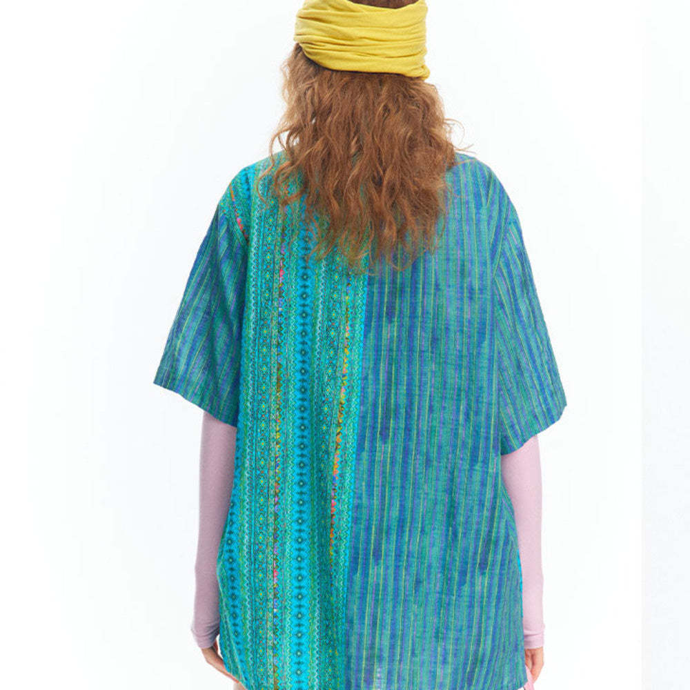 春夏新款湖藍色國潮民族風短袖襯衫女vintage上衣