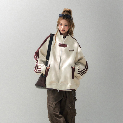 重磅400G拼接立領外套女款秋季美式慵懶chic休閒夾克
