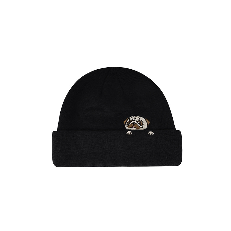 日系小狗刺繡毛線帽秋冬加厚帽子護耳針織帽男女冷帽