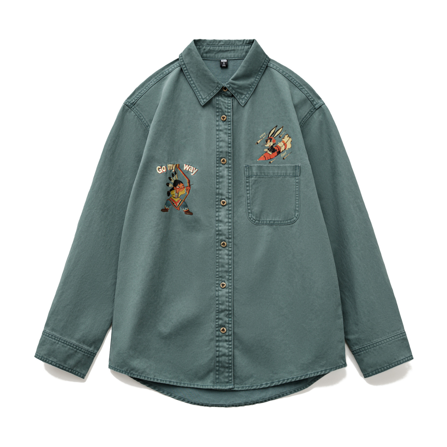 純棉復古水洗日系刺繡印花寬鬆長袖襯衣衫外套硬挺上衣女士秋