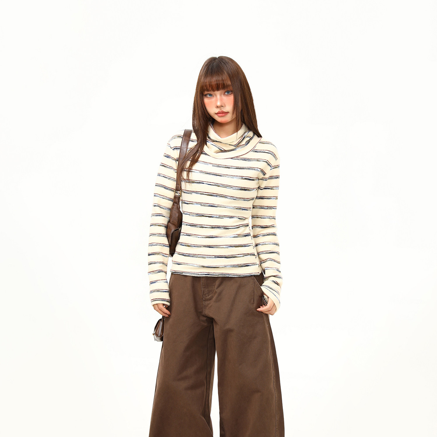 秋冬條紋打底衫女軟糯修身長袖T恤女緊身內搭氛圍感高領