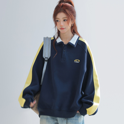 美式慵懶chic拼接翻領衛衣女款新款寬鬆上衣