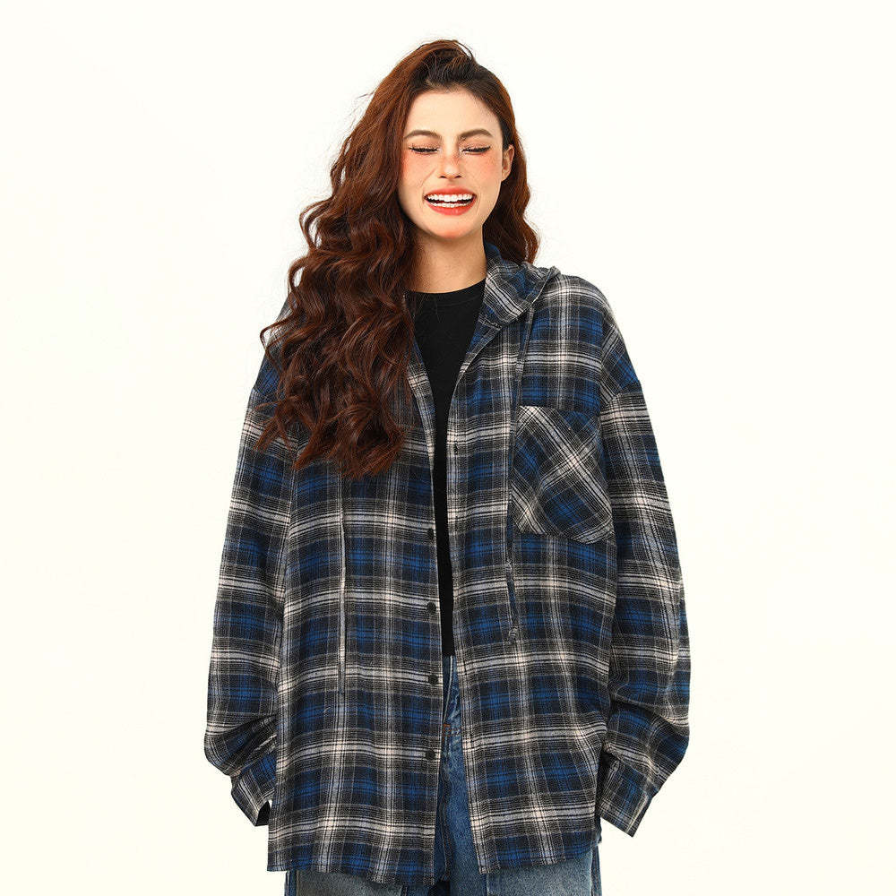 美式復古撞色格紋高級感連帽長袖襯衫女街頭寬鬆潮牌襯衣