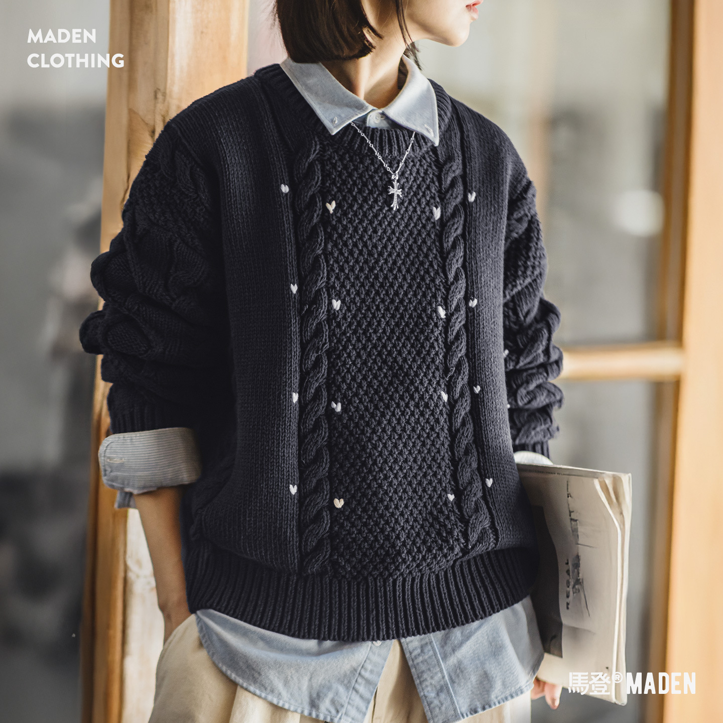 藍色圓領寬鬆加厚保暖套頭外穿粗麻花毛線針織上毛衣女士秋冬