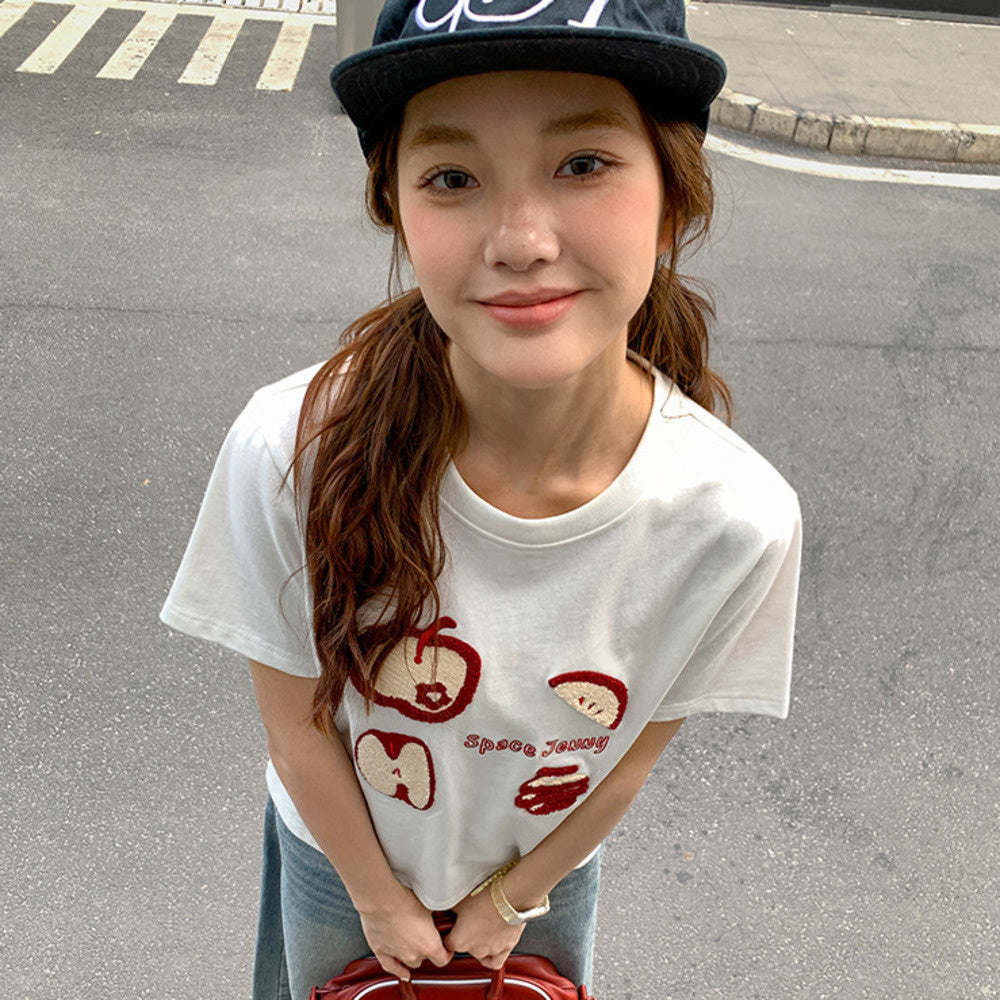 簡約蘋果毛巾繡修身短袖t恤女夏2025新款圓領正肩上衣