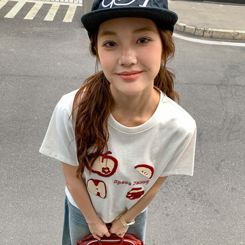 簡約蘋果毛巾繡修身短袖t恤女夏2025新款圓領正肩上衣