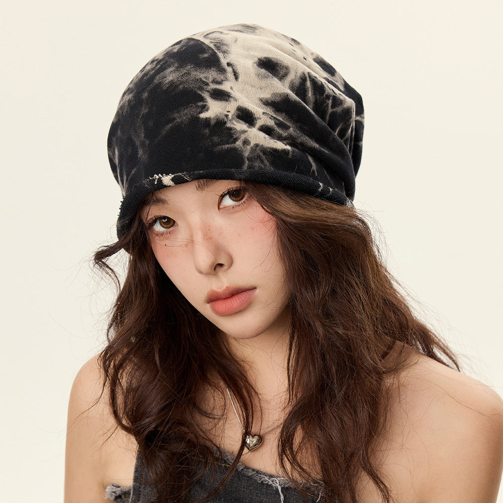 美式復古紮染堆堆帽子女卷邊顯臉小街頭休閒針織素顏包頭冷帽頭巾