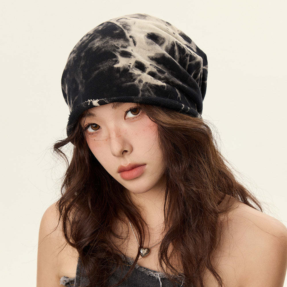 美式復古紮染堆堆帽子女卷邊顯臉小街頭休閒針織素顏包頭冷帽頭巾