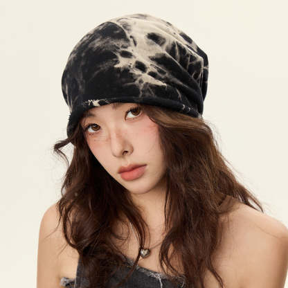 美式復古紮染堆堆帽子女卷邊顯臉小街頭休閒針織素顏包頭冷帽頭巾