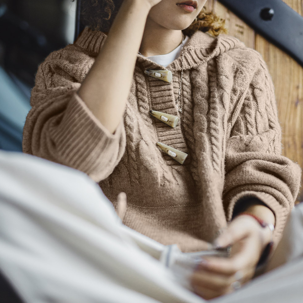 咖色半開領寬鬆加厚保暖套頭連帶帽針織毛衣衛衣外穿女士秋冬