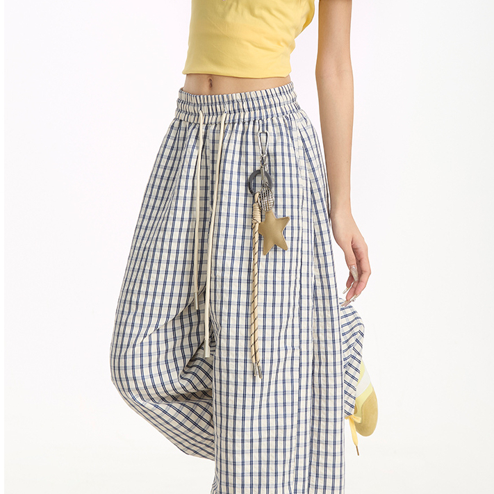 星星掛飾褲子夏季藍色格子直筒褲女垂感慵懶休閒闊腿褲ins