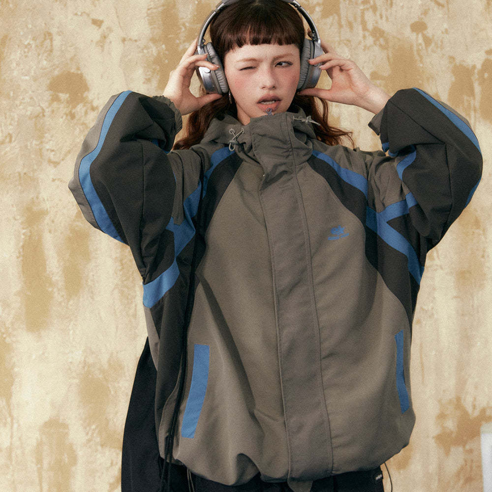 新款衝鋒衣女春秋拼接撞色復古戶外山系寬鬆登山服外套