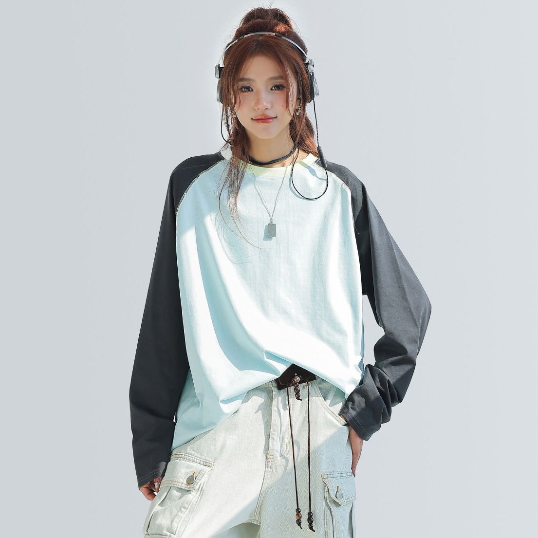 索羅娜撞色拼接插肩長袖上衣女內搭可外穿打底衫t恤