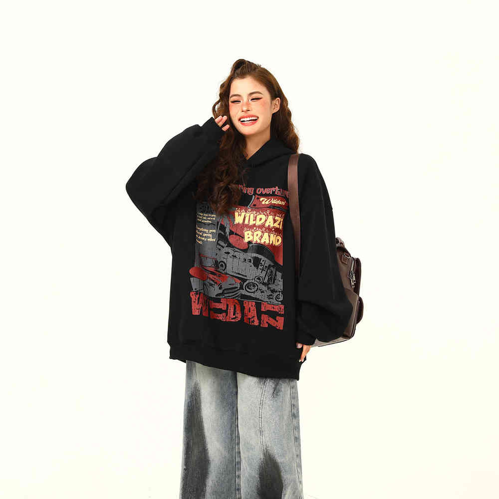 秋冬美式復古小眾印花連帽衛衣女潮牌上衣