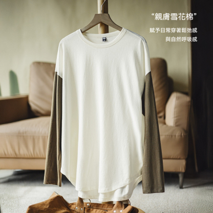 雪花棉圓領寬鬆輕薄撞色拼接內搭長袖T恤衛衣打底衫上衣女春