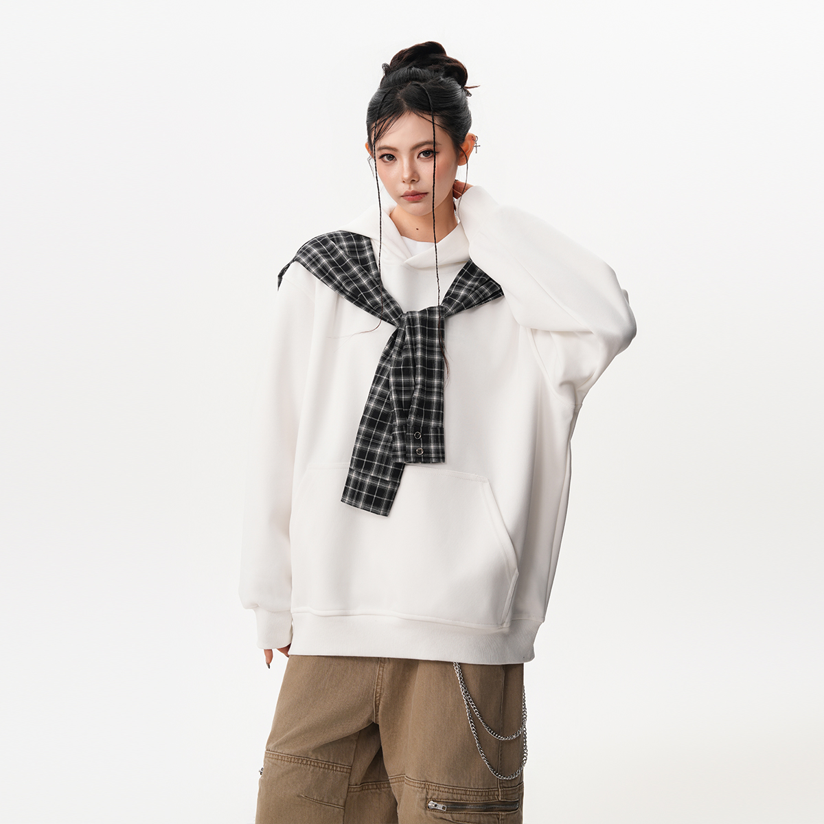 撞色格子披肩假兩件連帽衛衣女秋季小眾設計感慵懶百搭上衣