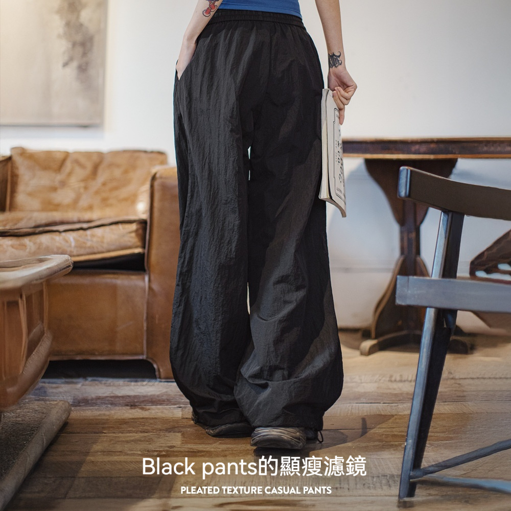 夏新黑色鬆弛感休閒褲寬鬆工裝褲闊腿顯瘦抽繩束脚長褲女