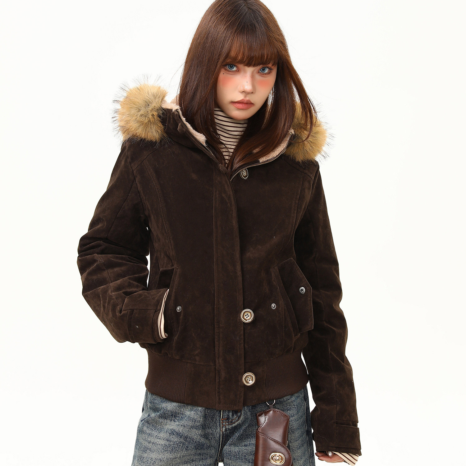 美式復古夾棉麂皮絨保暖棉服外套女冬季短款高級感夾克