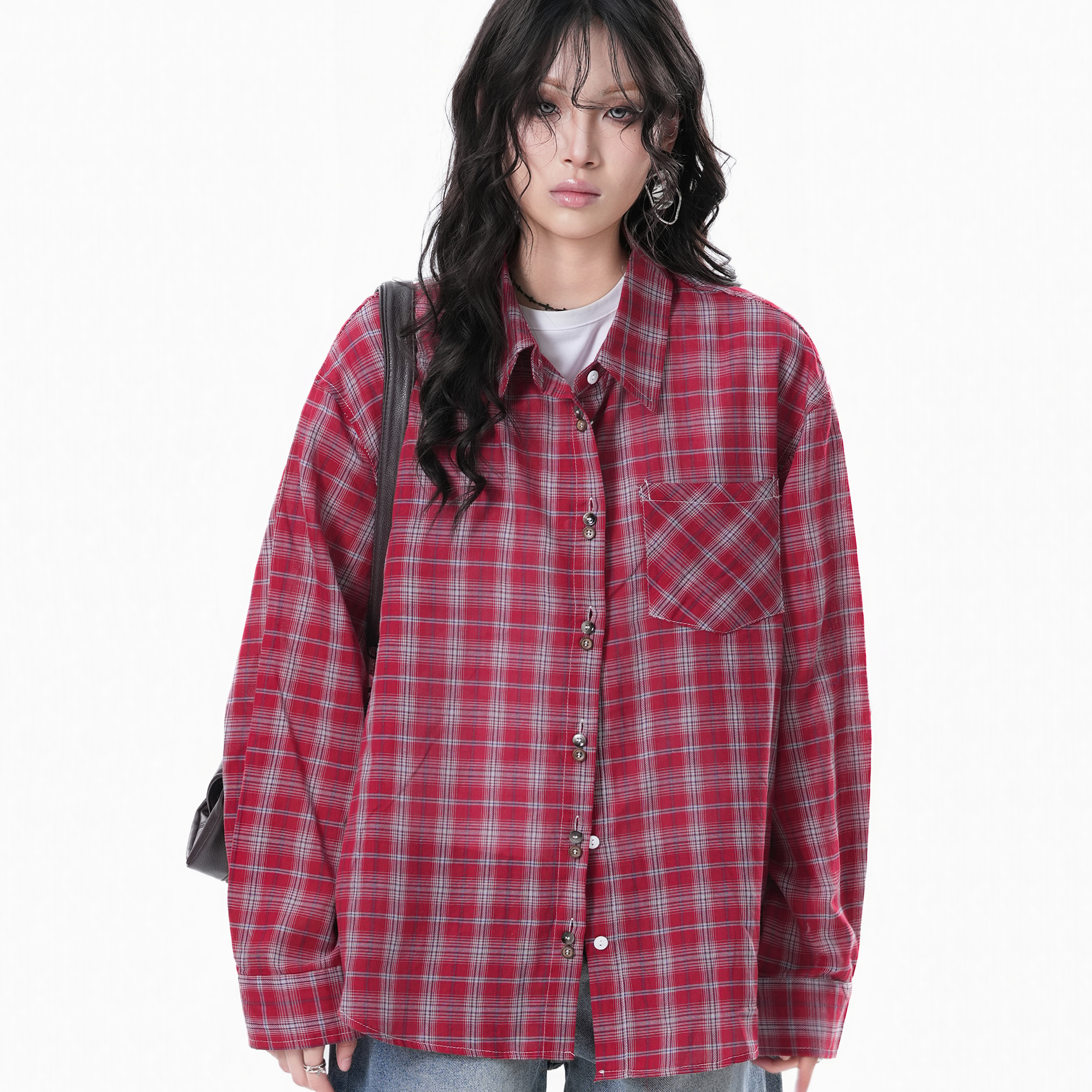 美式復古潮牌格子襯衫女小眾設計感寬鬆長袖襯衣秋季