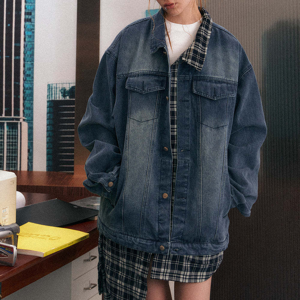 美式復古下擺拼接格子牛仔外套女寬鬆顯瘦假兩件外套