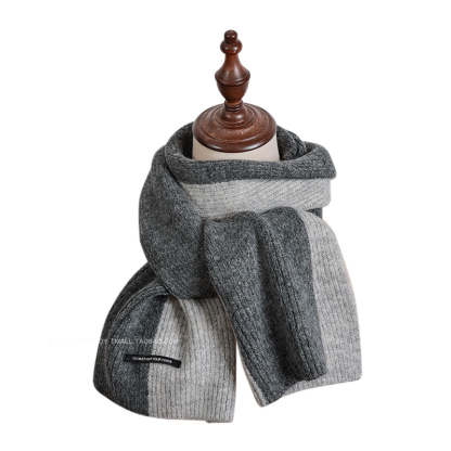 含羊毛拼色圍巾女冬季復古深灰色保暖加厚針織毛線高級感圍脖