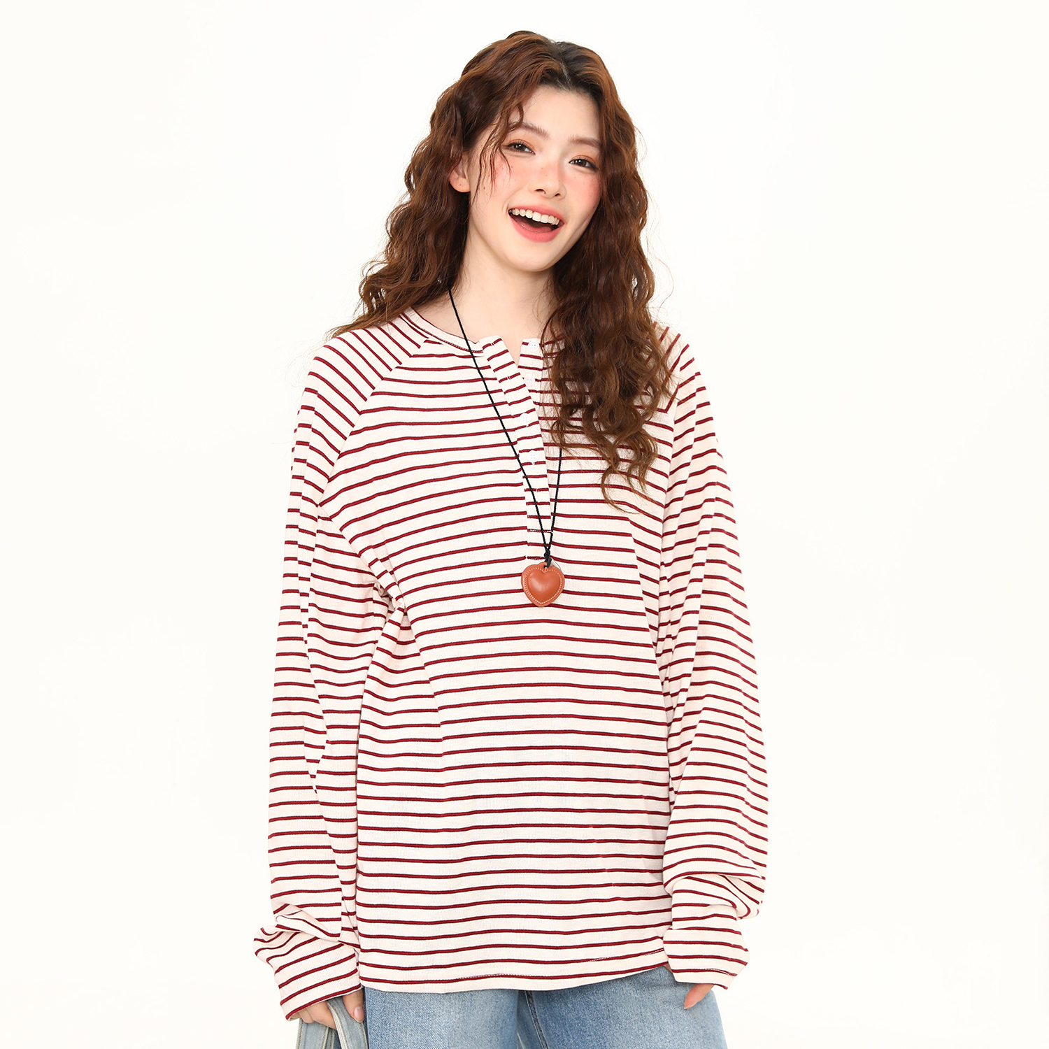 美式復古亨利領條紋長袖T恤女春夏輕薄寬鬆慵懶防曬罩衫