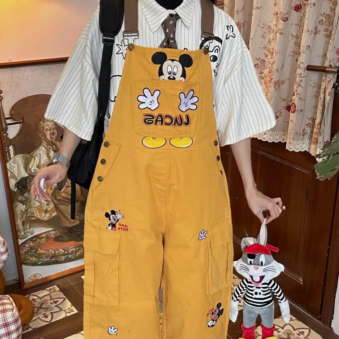 古著風米奇復古休閒背帶褲女寬鬆bf美式黃色闊腿連體長褲春秋