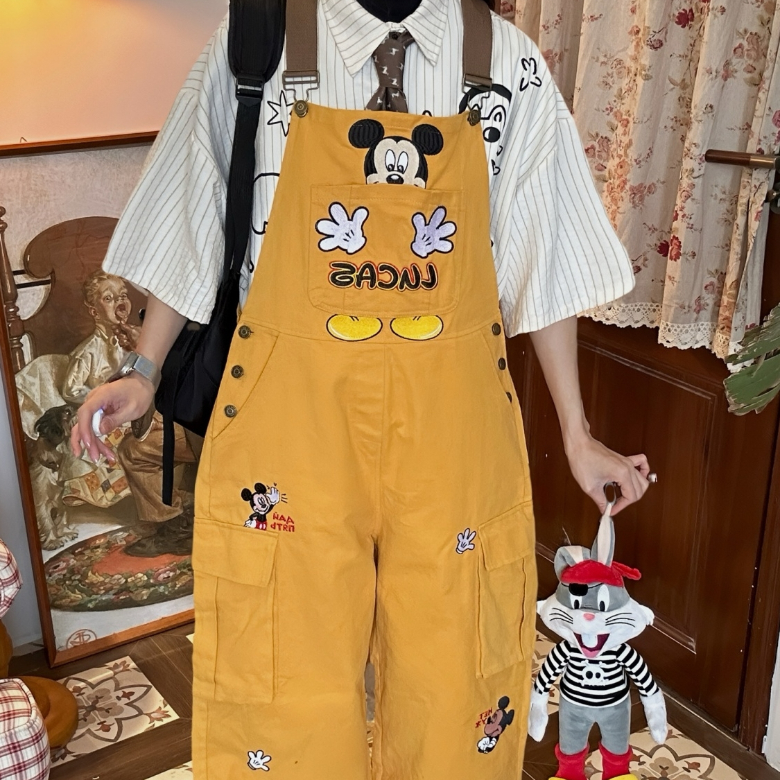 古著風米奇復古休閒背帶褲女寬鬆bf美式黃色闊腿連體長褲春秋