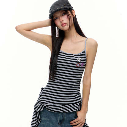 美式復古黑色流蘇飄帶條紋吊帶背心夏季新款辣妹修身顯瘦上衣