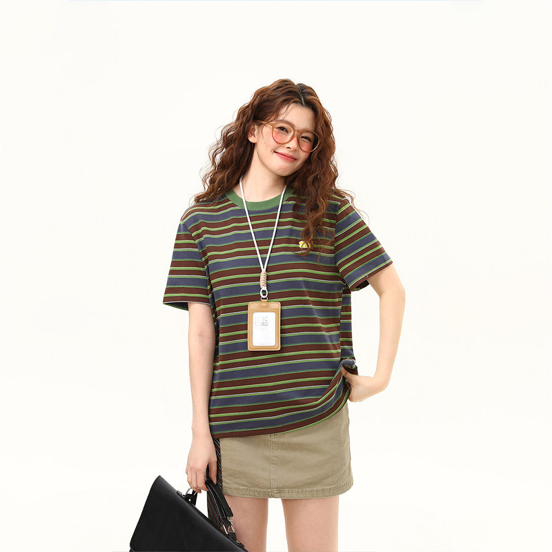 2026夏季新款美式復古撞色條紋短袖T恤女寬鬆百搭上衣