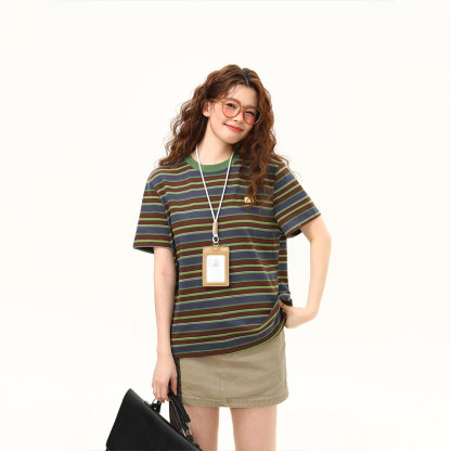 2026夏季新款美式復古撞色條紋短袖T恤女寬鬆百搭上衣