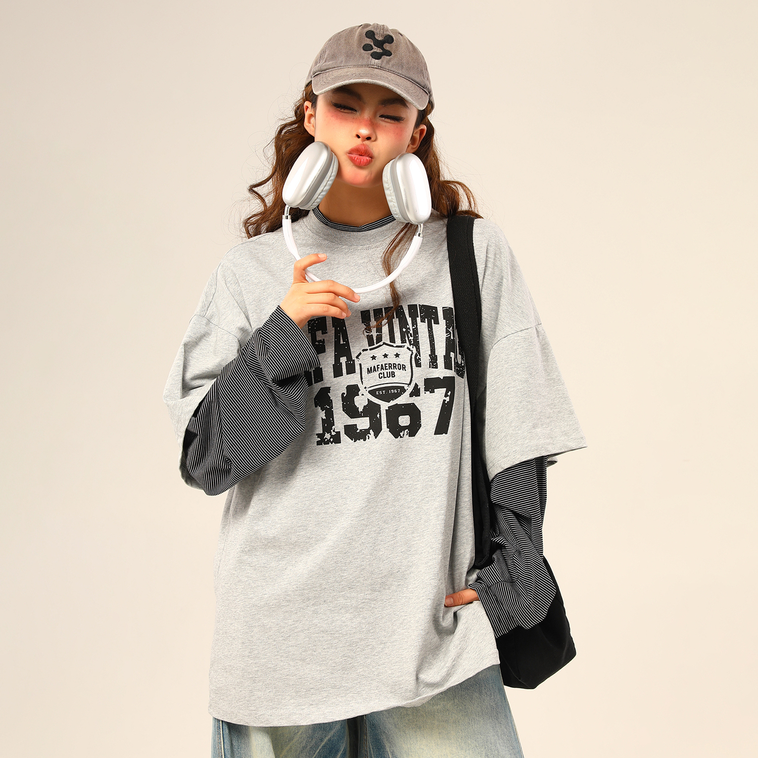 美式復古假兩件長袖衛衣女字母印花百搭上衣