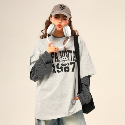 美式復古假兩件長袖衛衣女字母印花百搭上衣