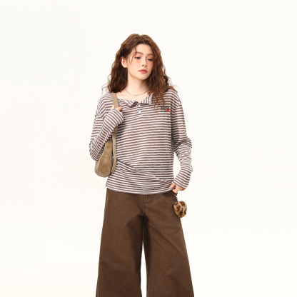 春夏新款復古條紋長袖T恤女一字肩慵懶風薄款防曬罩衫女