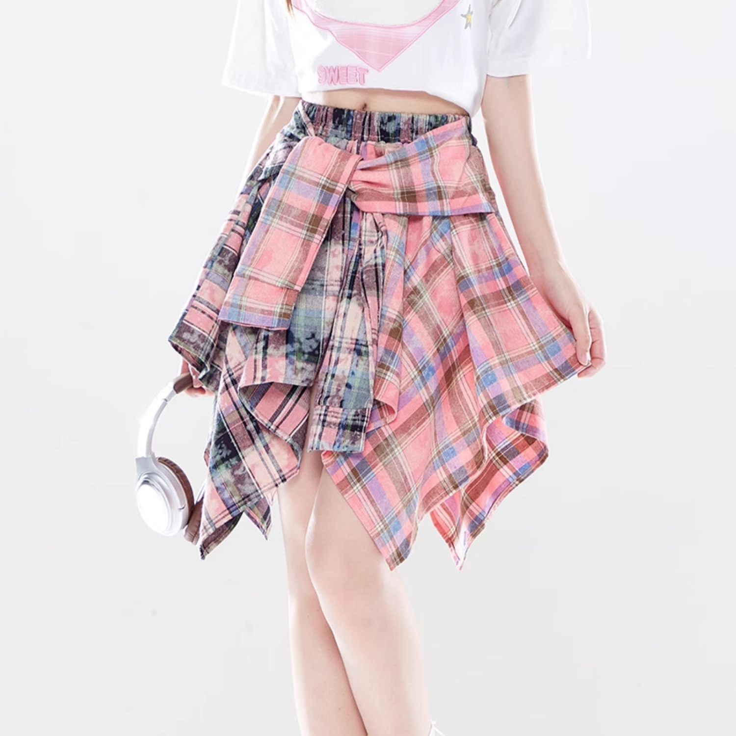 美式甜酷風格子不規則短裙夏新款設計感小眾撞色跳舞半身裙
