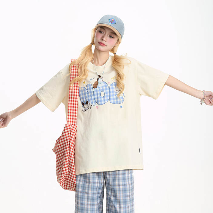 可愛小狗格子刺繡短袖T恤女美式潮牌甜酷寬鬆百搭休閒上衣