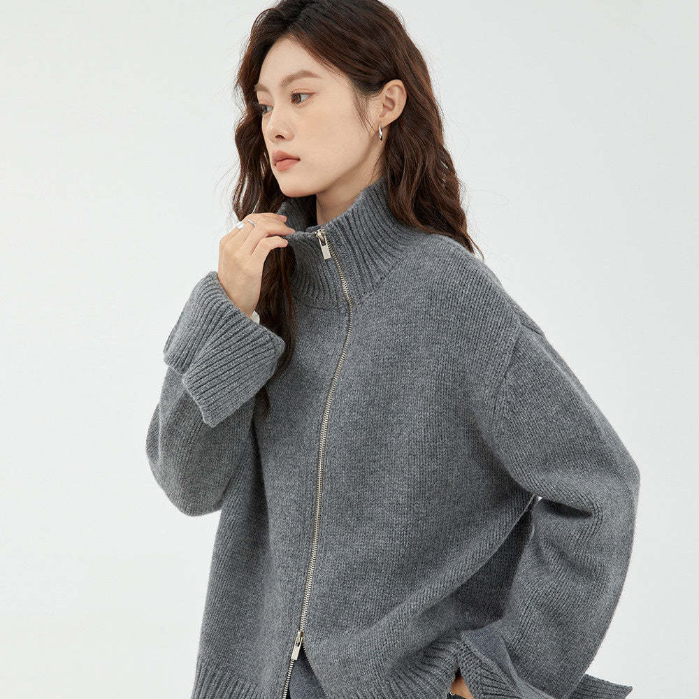 高級感通勤慵懶加厚針織毛衣開衫女高領灰色寬鬆套頭上衣
