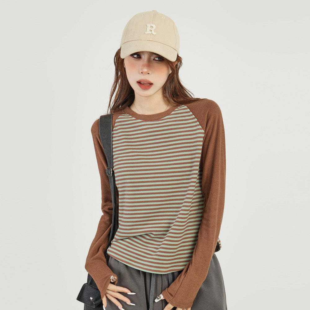 條紋插肩長袖t恤女早秋秋季正肩內搭打底衫修身短款上衣