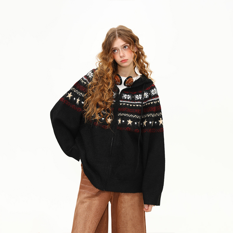 美式復古費爾島針織衫毛衣女秋冬星星雪花寬鬆慵懶風外套