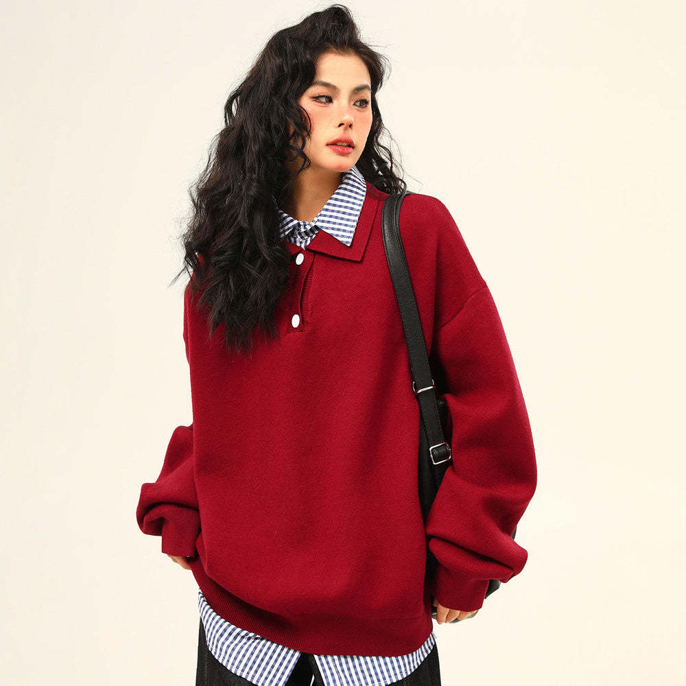 美式復古高級感假兩件翻領學院風毛衣女秋冬百搭針織衫