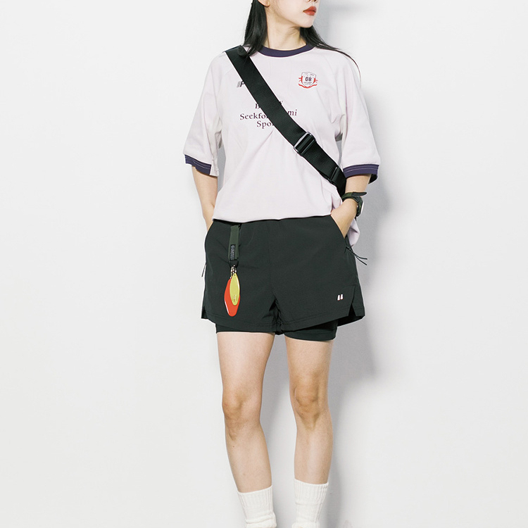 夏季戶外拼色假兩件短褲女寬鬆運動跑步速幹直筒五分休閒褲