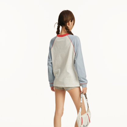 撞色插肩長袖t恤女早秋秋季寬鬆慵懶風正肩內搭打底衫小個子上衣