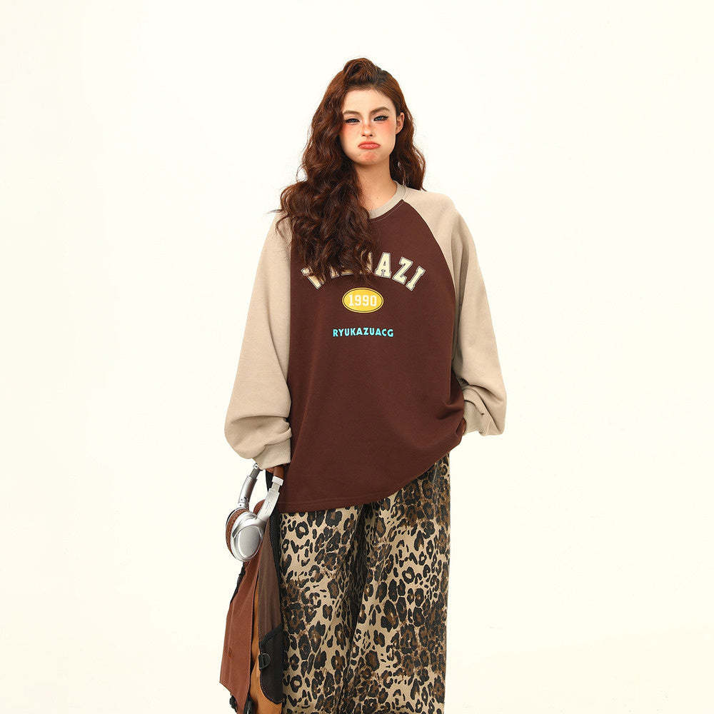 美式復古vintage字母圓領衛衣女秋寬鬆百搭上衣