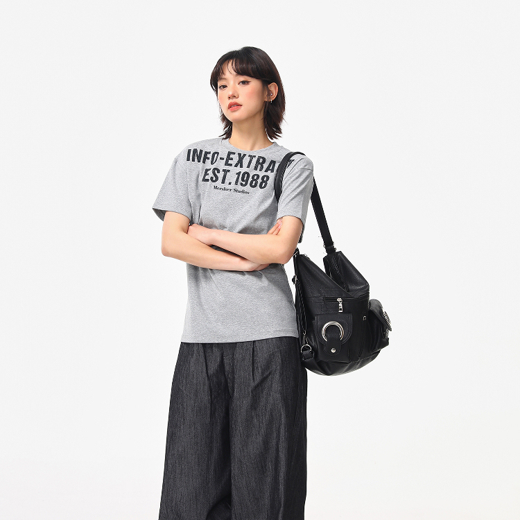 美式復古正肩T恤女夏季字母印花短款寬鬆cleanfit短袖