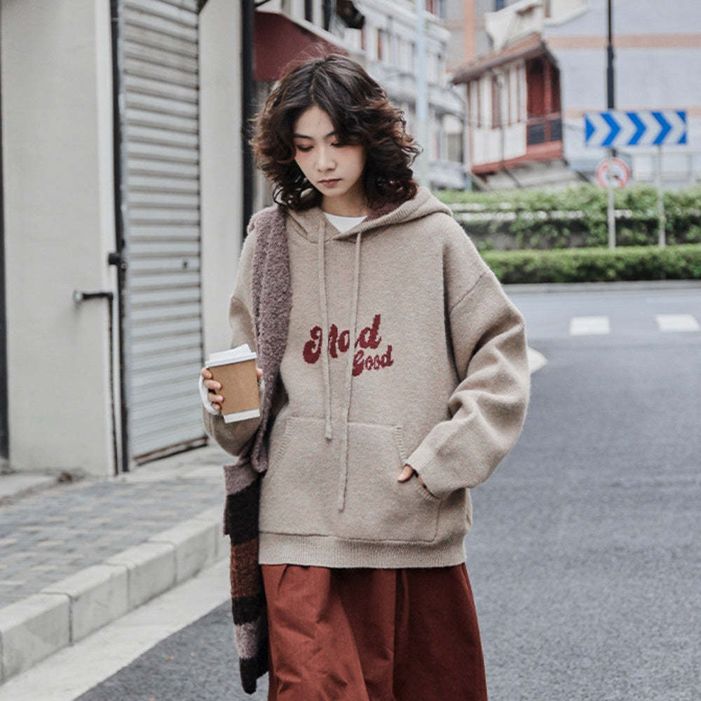 撞色logo提花連帽寬鬆高克重毛衣針織衣秋冬